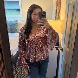 Moulinette Soeurs Sequin V-Neck Bell Sleeve Blouse - Pink